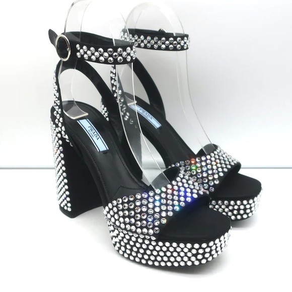 Prada Shoes - Prada Crystal-Embellished Platform Sandals Black Satin Size 36 Ankle Strap Heels